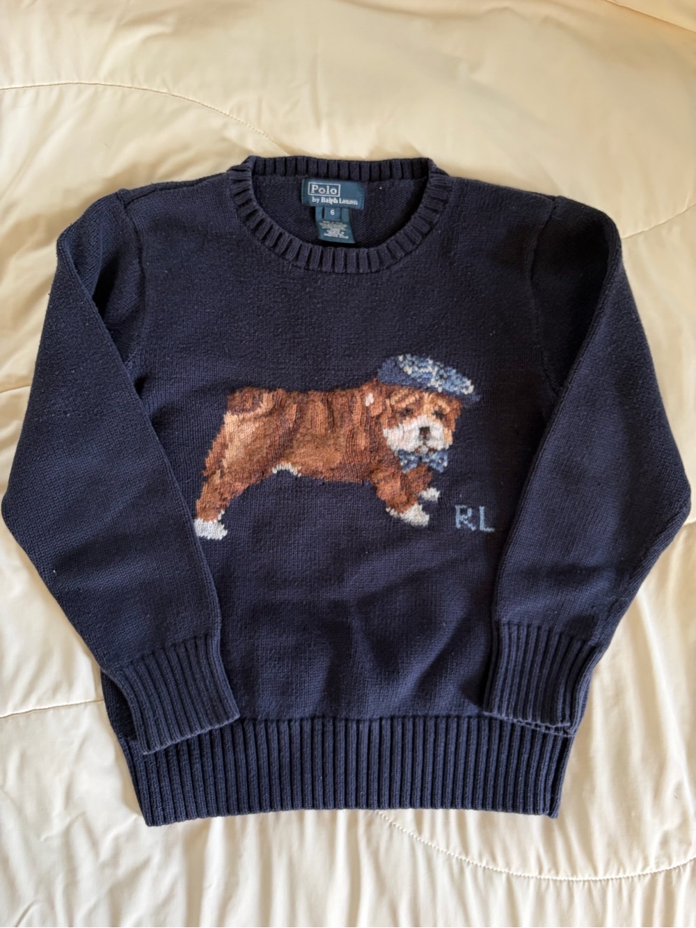 Ralph Lauren Navy Bulldog Crewneck Kids Size 6 Sweater